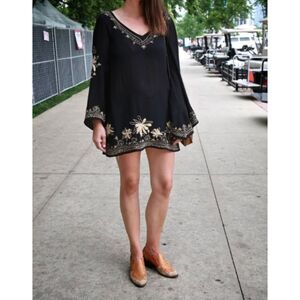 Free People Sky Fall Embroidered Dress | Black & Cream Boho Mini, Bell Sleeves